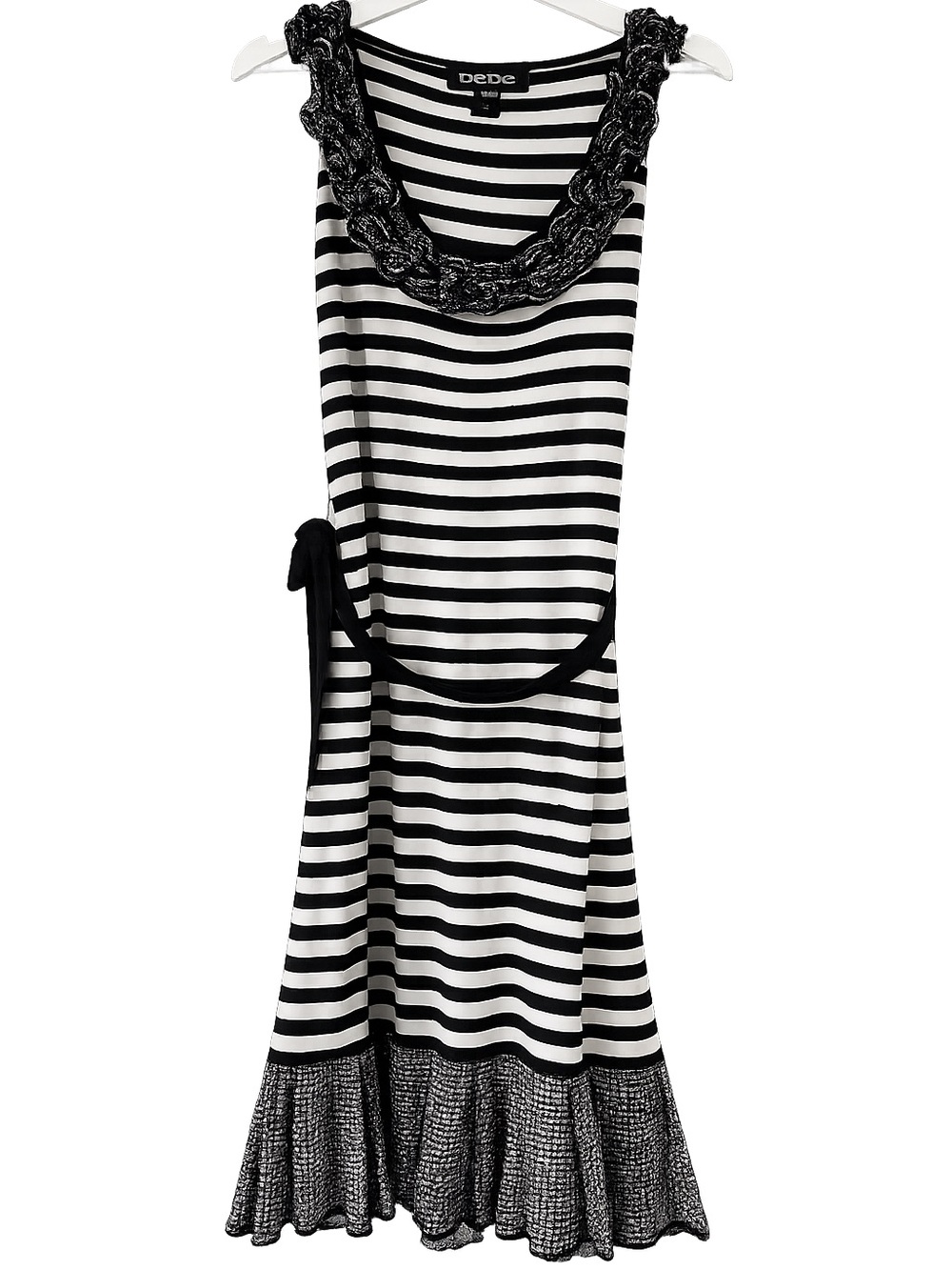 bebe Black & White Striped Midi Dress with Braided Neckline